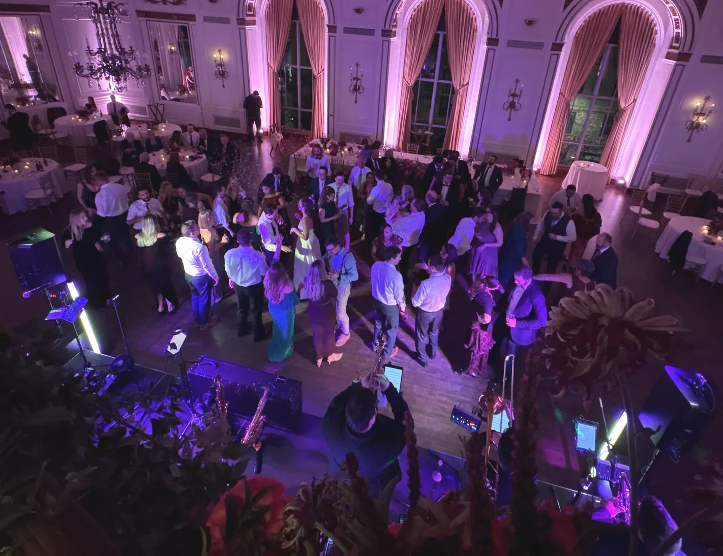 Aerial view of a packed Colony Club Detroit ballroom during a Weekend ComeBack reception